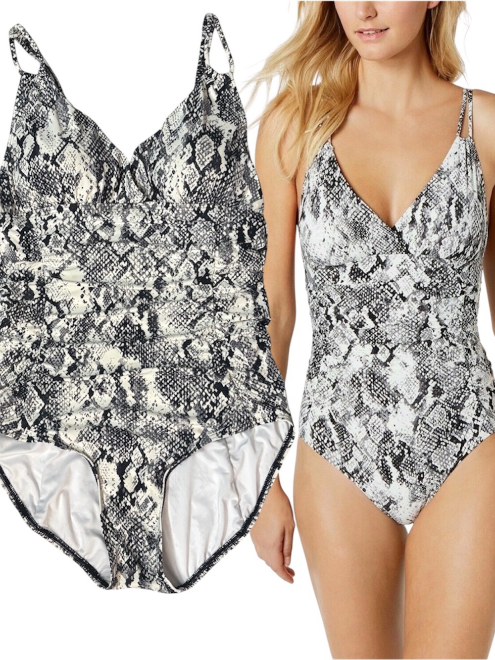 Calvin Klein Sz 14 V Neck Shirred One Piece Swimsuit Snake Python Bathing Suit